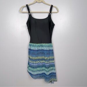 Silhouette Solution black & blue modest 1 piece skirted swimsuit, size US 10.